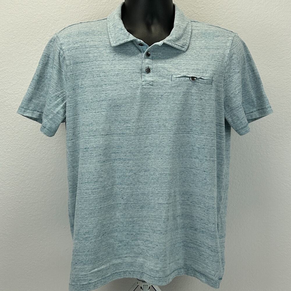 Rock & Republic Polo Shirt L Large Blue Short Sleeve Pocket Striped Cotton Blend